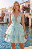 A-lijn mint V-hals tule met bloemen geappliqueerde homecoming jurk