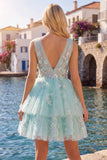 A-lijn mint V-hals tule met bloemen geappliqueerde homecoming jurk