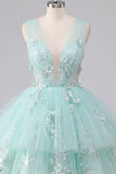 A-lijn mint V-hals tule met bloemen geappliqueerde homecoming jurk