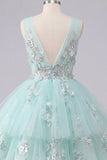 A-lijn mint V-hals tule met bloemen geappliqueerde homecoming jurk
