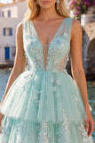 A-lijn mint V-hals tule met bloemen geappliqueerde homecoming jurk