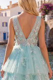 A-lijn mint V-hals tule met bloemen geappliqueerde homecoming jurk