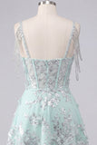 Off-the-shoulder A-lijn korset Mint met bloemen geappliceerde homecoming jurk
