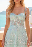 Off-the-shoulder A-lijn korset Mint met bloemen geappliceerde homecoming jurk