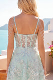 Off-the-shoulder A-lijn korset Mint met bloemen geappliceerde homecoming jurk