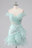 Off-the-shoulder mint korset pailletten Homecoming jurk met ruches