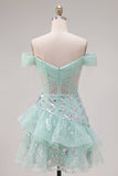 Off-the-shoulder mint korset pailletten Homecoming jurk met ruches