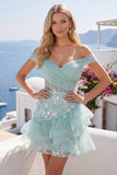Off-the-shoulder mint korset pailletten Homecoming jurk met ruches