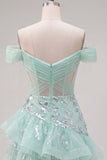 Off-the-shoulder mint korset pailletten Homecoming jurk met ruches