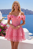Off-the-shoulder felroze A-lijn bloemenjurk met ruches en kralen