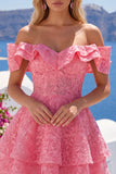 Off-the-shoulder felroze A-lijn bloemenjurk met ruches en kralen