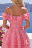 Off-the-shoulder felroze A-lijn bloemenjurk met ruches en kralen