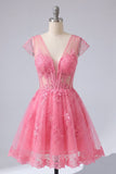 Felroze bloemen A-lijn V-hals tule doorschijnende korset Homecoming Dress met capmouwen