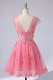 Felroze bloemen A-lijn V-hals tule doorschijnende korset Homecoming Dress met capmouwen