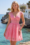 Felroze bloemen A-lijn V-hals tule doorschijnende korset Homecoming Dress met capmouwen