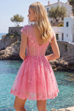 Felroze bloemen A-lijn V-hals tule doorschijnende korset Homecoming Dress met capmouwen