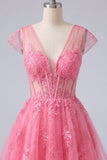 Felroze bloemen A-lijn V-hals tule doorschijnende korset Homecoming Dress met capmouwen