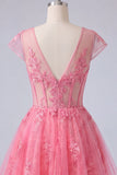Felroze bloemen A-lijn V-hals tule doorschijnende korset Homecoming Dress met capmouwen