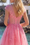 Felroze bloemen A-lijn V-hals tule doorschijnende korset Homecoming Dress met capmouwen