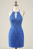 Koninklijk blauwe bloemen bodycon halter hals homecoming jurk met kralen