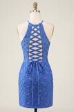 Koninklijk blauwe bloemen bodycon halter hals homecoming jurk met kralen