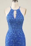 Koninklijk blauwe bloemen bodycon halter hals homecoming jurk met kralen