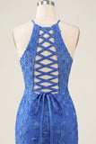 Koninklijk blauwe bloemen bodycon halter hals homecoming jurk met kralen