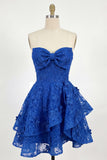 Koninklijk blauwe A-lijn sweetheart bloemenkorset Homecoming jurk met strik