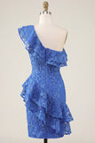 Eenschouder koningsblauwe bodycon met bloemenkralen en gerimpelde homecoming jurk met split