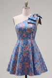 Blauwe eenschouder Jacquard A-lijn bloemen homecomingjurk met strik