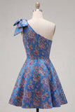 Blauwe eenschouder Jacquard A-lijn bloemen homecomingjurk met strik