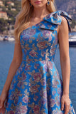 Blauwe eenschouder Jacquard A-lijn bloemen homecomingjurk met strik