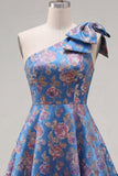 Blauwe eenschouder Jacquard A-lijn bloemen homecomingjurk met strik