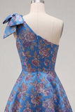 Blauwe eenschouder Jacquard A-lijn bloemen homecomingjurk met strik