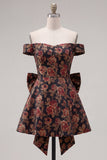 Off-the-shoulder zwarte Jacquard A-lijn bloemen homecoming jurk met strik