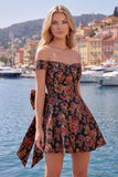 Off-the-shoulder zwarte Jacquard A-lijn bloemen homecoming jurk met strik