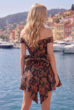 Off-the-shoulder zwarte Jacquard A-lijn bloemen homecoming jurk met strik