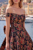 Off-the-shoulder zwarte Jacquard A-lijn bloemen homecoming jurk met strik