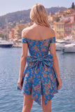 Off-the-shoulder zwarte Jacquard A-lijn bloemen homecoming jurk met strik