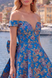 Off-the-shoulder zwarte Jacquard A-lijn bloemen homecoming jurk met strik