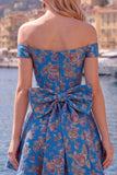 Off-the-shoulder zwarte Jacquard A-lijn bloemen homecoming jurk met strik