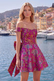 Off-the-shoulder zwarte Jacquard A-lijn bloemen homecoming jurk met strik