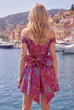 Off-the-shoulder zwarte Jacquard A-lijn bloemen homecoming jurk met strik