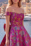 Off-the-shoulder zwarte Jacquard A-lijn bloemen homecoming jurk met strik