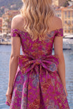 Off-the-shoulder zwarte Jacquard A-lijn bloemen homecoming jurk met strik
