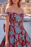 Off-the-shoulder zwarte Jacquard A-lijn bloemen homecoming jurk met strik
