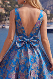 A-lijn rode V-hals Jacquard bloemen homecoming jurk met strik