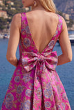 A-lijn rode V-hals Jacquard bloemen homecoming jurk met strik