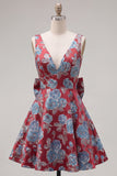 A-lijn rode V-hals Jacquard bloemen homecoming jurk met strik
