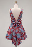A-lijn rode V-hals Jacquard bloemen homecoming jurk met strik